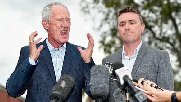 One Nation party officials Steve Dickson (left) and James Ashby field questions during a press conference in Brisbane.