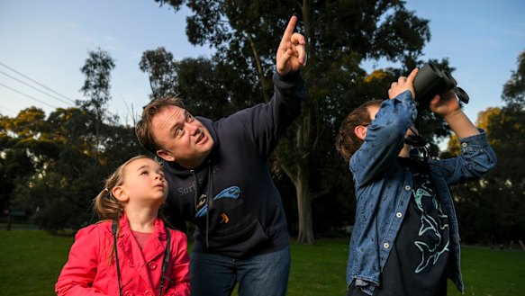 Bird watchers Ed Williams and children, Elise, 4, and Hugh, 7.