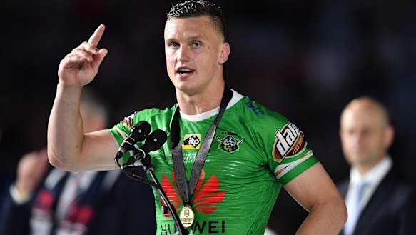 Uncomfortably numb: Jack Wighton accepts the Clive Churchill Medal.