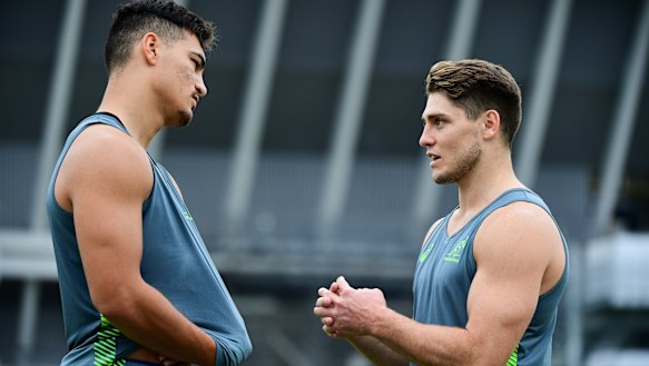 Jordan Petaia (left) and James O'Connor talk shop at Wallabies training.