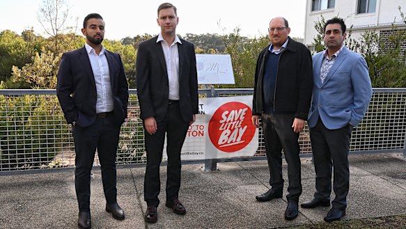 Eastern suburbs Young Liberal president Patrick Moore (second from left), pictured with fellow Liberal party members  Joshua Moses, Daniel Rosenfeld and Harry Stavrinos, said Meriton’s proposal was “completely incongruous” with the area.