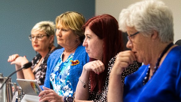 Bec Cody, Nicole Lawder, Tara Cheyne and Vicki Dunne at the hearings into government's  land swap with the Dickson Tradies.