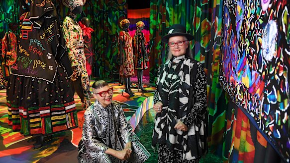 Designers Jenny Kee and Linda Jackson. The pair worked together on-and-off for four decades, pioneering a national style in clothing, using imagery of Australiana in conjunction with foreign design concepts.