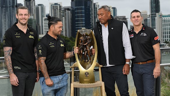 Ethan Lowe, Issac Luke, Scott Sattler and Petero Civoniceva at an NRL event in Brisbane on Wednesday.