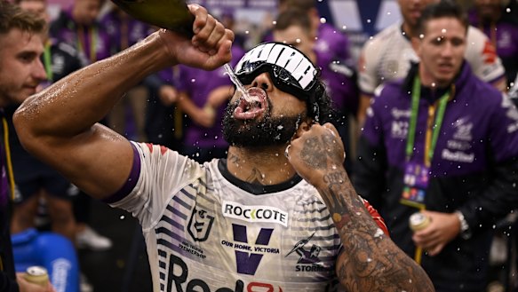 Josh Addo-Carr celebrates Melbourne's grand final success last week.