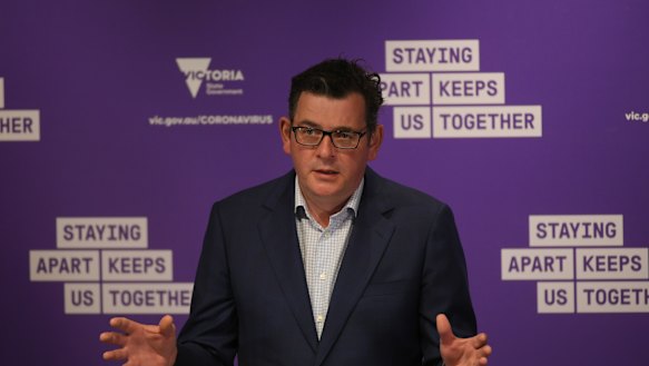 Premier Daniel Andrews speaking to journalists on Monday.