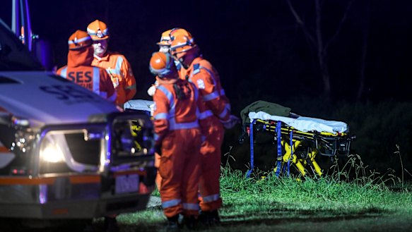Emergency service workers at the scene on the train derailment at Wallan.