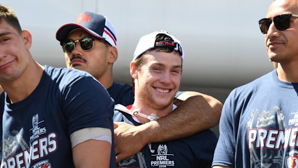 Match winner: Luke Keary celebrates with teammates on Monday.