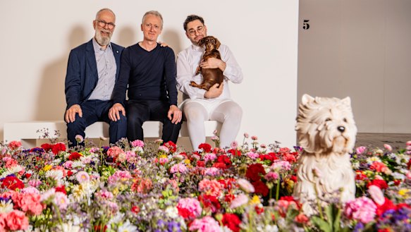 John Kaldor with Michael Landy and artist David Capra and dog Teena. 