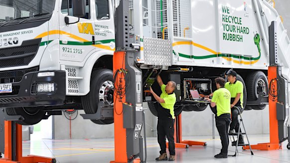 An electric waste management truck at SEA Electric's Dandenong South facility.