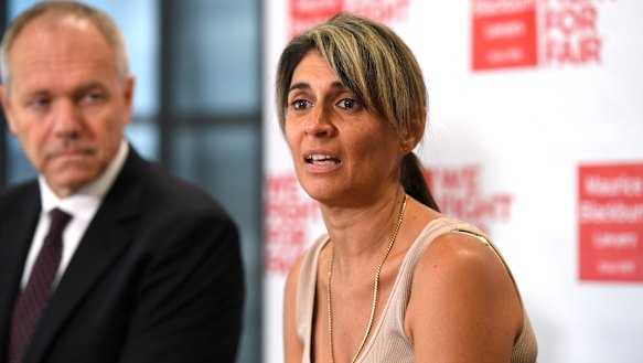 Westpac client Michelle Tate and Maurice Blackburn's Ben Slade during a press conference in Brisbane on Thursday.