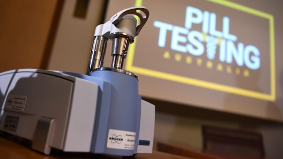A Compact FTIR Spectrometer pill testing machine is seen during a demonstration event at Parliament House in Canberra.