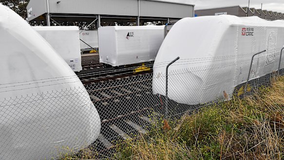 Carriages manufactured in China ready to be assembled in Downer's Newport rail yards.