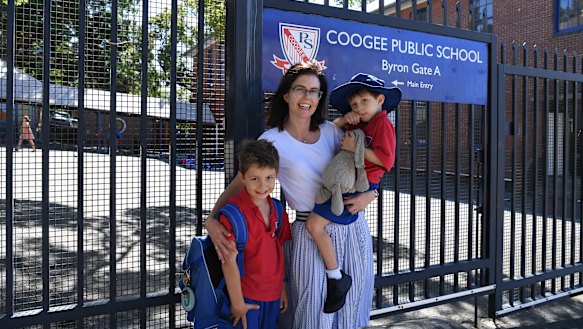 Catherine van der Veen with her sons Jonty, 7, and Darcy, 5, outside Coogee Public School. 