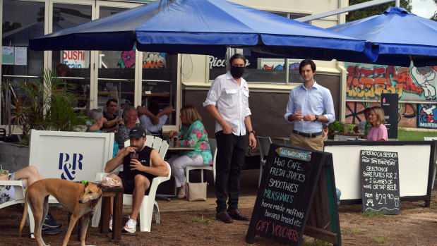 Co-owner of H2O Cafe Restaurant Leigh Titterton (left) and Northern Beaches councillor Rory Amon.