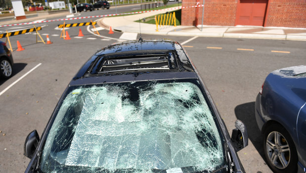 Cars sitting outside Old Parliament House in Canberra were pummelled by hail. 