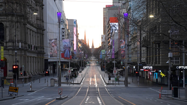 Empty streets lined with empty offices in the Melbourne CBD this week.