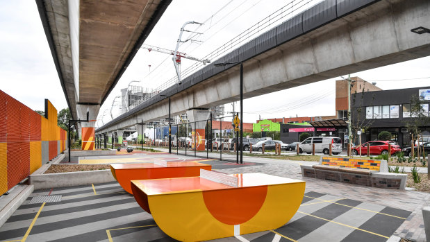 A playground underneath 'sky rail' in Carnegie.