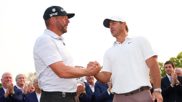 Michael Block (left) with Brooks Koepka after the PGA Championship.