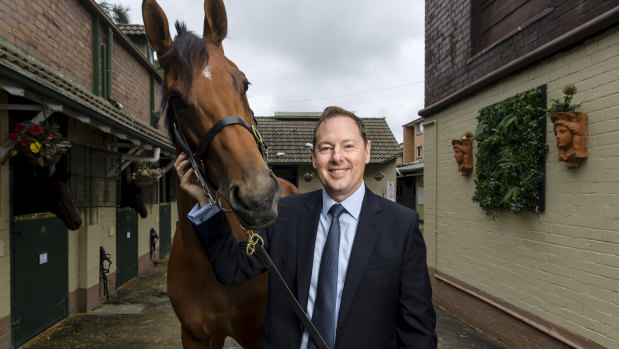 Tabcorp's managing director of wagering, Adam, Rytenskild with the Gai Waterhouse and Adrian Bott-trained Dorothy of OZ. 