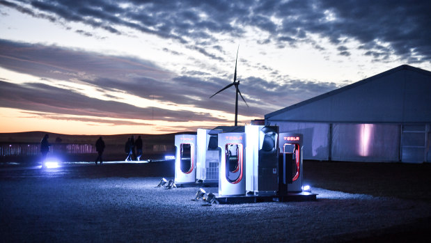 A car-charging station at Tesla\'s wind and solar battery plant outside of Jamestown, South Australia.