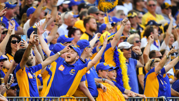 West Coast fans soak it up at Optus Stadium, where many will watch the 2018 AFL Grand Final.