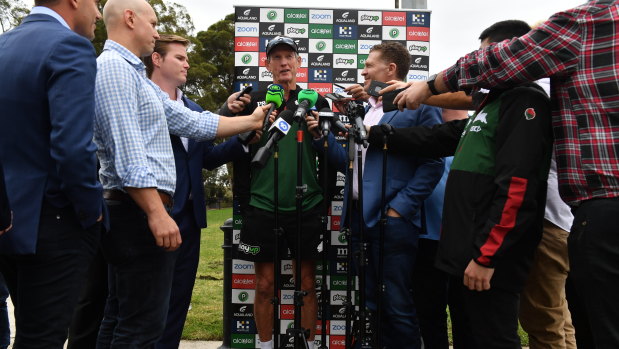 Oval office: Wayne Bennett holds court after Rabbitohs training at Erskinville Oval.
