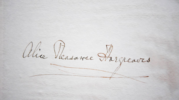 The signature of Alice Hargreaves (nee Liddell), in the 1933 Alice In Wonderland book.