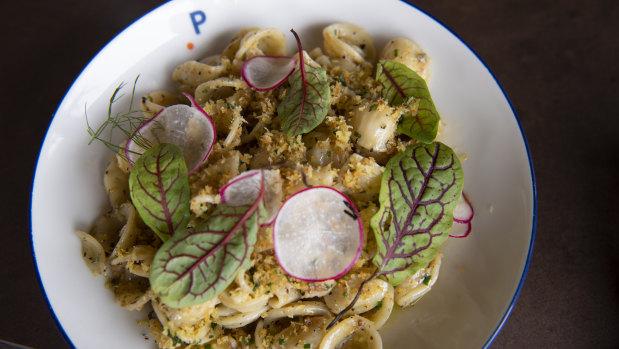 Truffled orecchiette pasta, cauliflower polonaise with brown butter at the Portside restaurant.