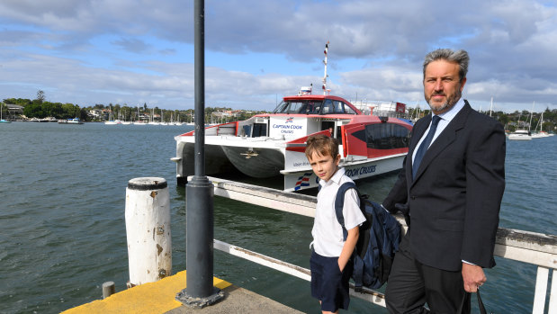 Matt Egerton-Warburton, pictured with son Bede, is a regular commuter on the Lane Cove ferry service.