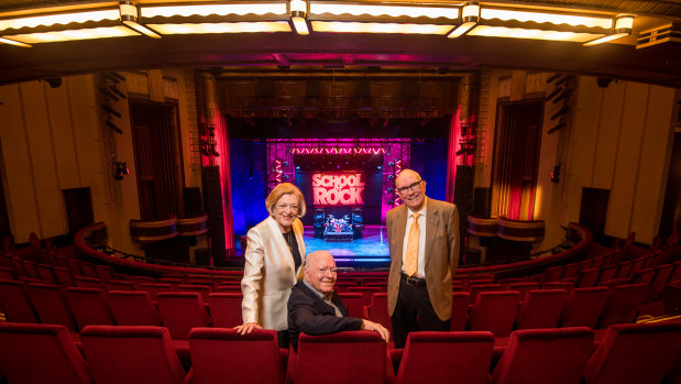 Veteran theatre performer Nancye Hayes, TV legend Mike Walsh and arts historian Frank Van Straten at Her Majesty's Theatre, Melbourne.