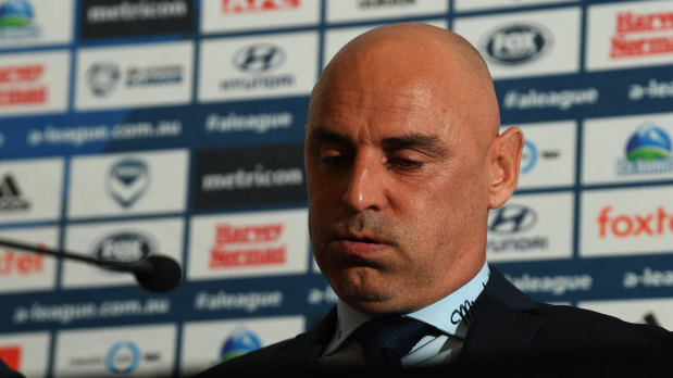 Tough going: Victory legend Kevin Muscat reveals a softer side than usual during his media conference on Monday.
