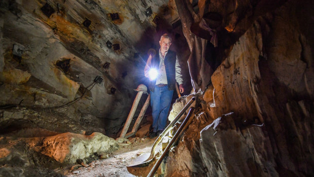 Mining engineer Peter McCarthy deep underground at Sovereign Hill, Ballarat.