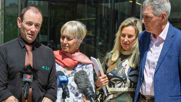 The parents of Caitlyn Fischer, Mark Fischer (left) and Ailsa Carr (second left) with the parents of Olivia Inglis, Charlotte Inglis (second right) and Arthur Inglis (right).