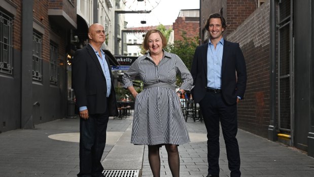 Sydney lord mayoral contender Shauna Jarrett, with Liberal team candidates Sam Danieli (left) and Lyndon Gannon (right).