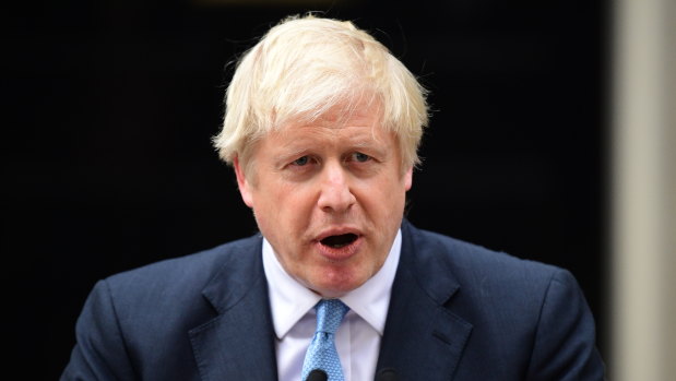 British Prime Minister Boris Johnson delivers a speech at 10 Downing Street.