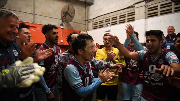 Cupset: APIA celebrate in the rooms after their win over Victory.