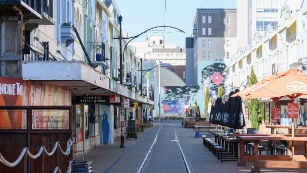 An empty New Regent Street in Christchurch.