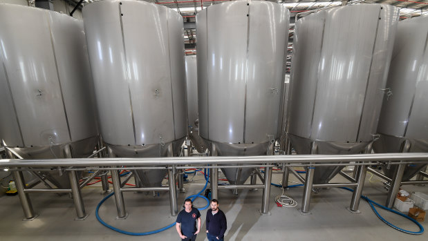 Paul Bowker and Andrew Scrimgeour at Brick Lane Brewing's brewery in Dandenong. 