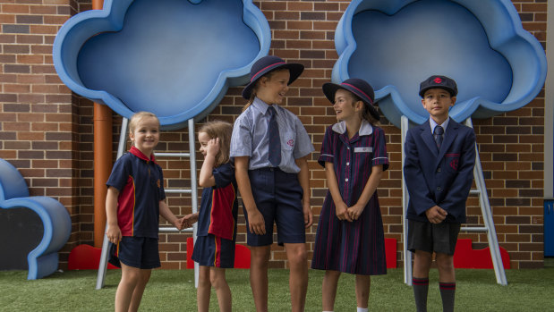 Year 3 and 1 students at Barker College try out their new shorts as part of a modernised school uniform.