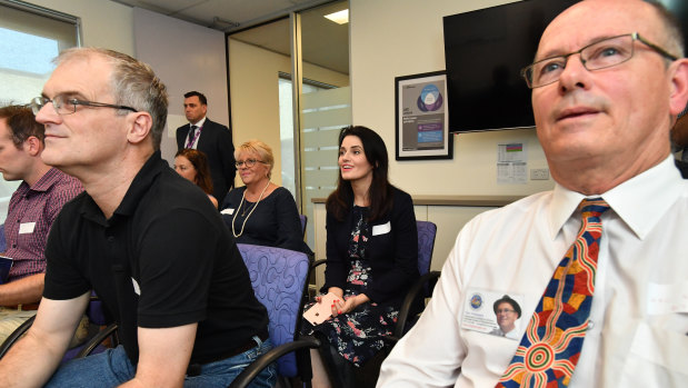 Labor candidate for Dickson Ali France (centre) is seen with Peter Douwes (left) and Independent candidate for Dickson Thor Prohaska (right) at the ballot draw for the seat of Dickson.