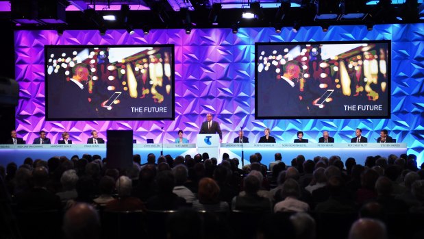 A huge 62 per cent of Telstra shareholders rejected the company’s executive bonus payments at the telco's AGM at the Hilton Hotel in Sydney.