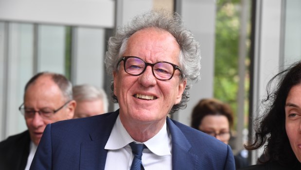 Geoffrey Rush leaves the Federal Court in Sydney on Monday.