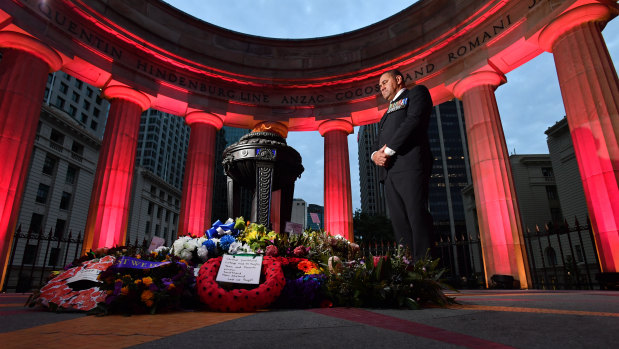 Australian Army veteran Peter Rabula at the Anzac Day dawn service at the Shrine of Remembrance in Anzac Square in Brisbane. Mr Rabula was an Infantryman who served in Timor and Afghanistan during his 27 years of military service. 