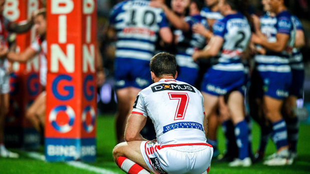 Boos brothers: Ben Hunt comes to terms with a big defeat to the Bulldogs at Jubilee Oval recently, which prompted fans to boo the players from the field.