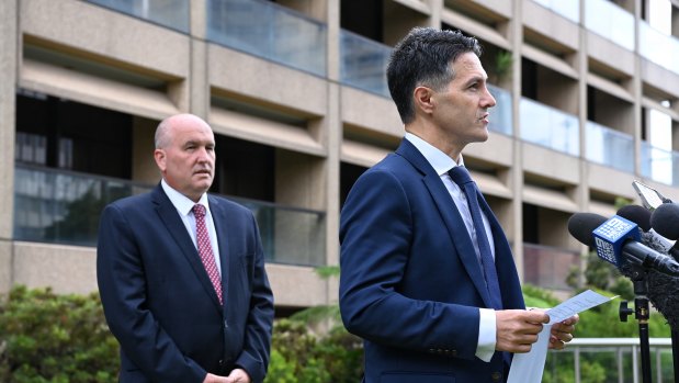 Customer Service Minister Victor Dominello, right, announcing the easing of the lockout laws.