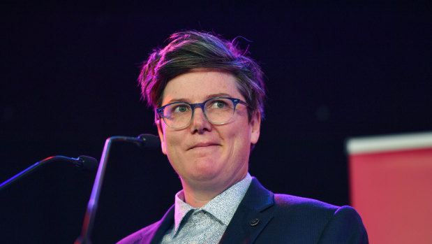 Hannah Gadsby speaking at the launch of the 33rd Melbourne International Comedy Festival.