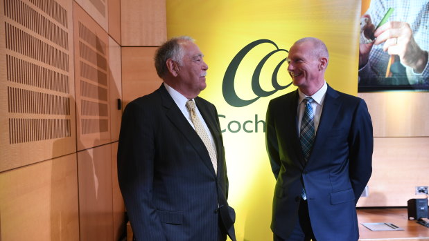 Cochlear chairman Rick Holliday-Smith and CEO Dig Howett at the company's AGM on Tuesday. 