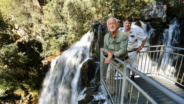 Geoff Hall, a former recreational angling guide, and local Rod Falconer at Snobs Creek Falls.