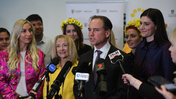 Federal Health Minister Greg Hunt launches the National Action Plan for Endometriosis surrounded by endo advocates and supporters at the Royal Hospital for Women in Randwick on Thursday.